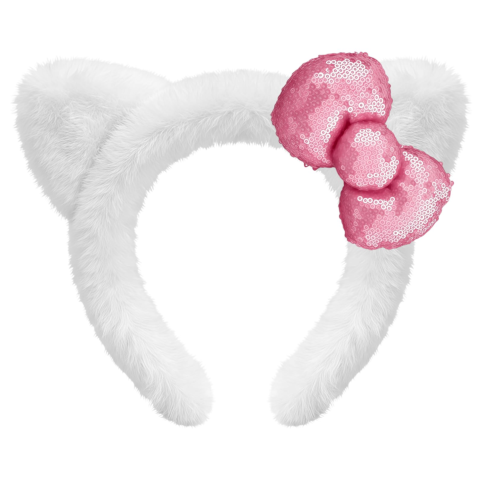 Kitty Ears Headband White Cat Ear Plush Hair Band Kitty Headband with Bow Fluffy Animal Kitten Head Bands for Halloween Parties Cosplay Costume Birthday Party Christmas Mask Skincare Spa Yog（Pink）