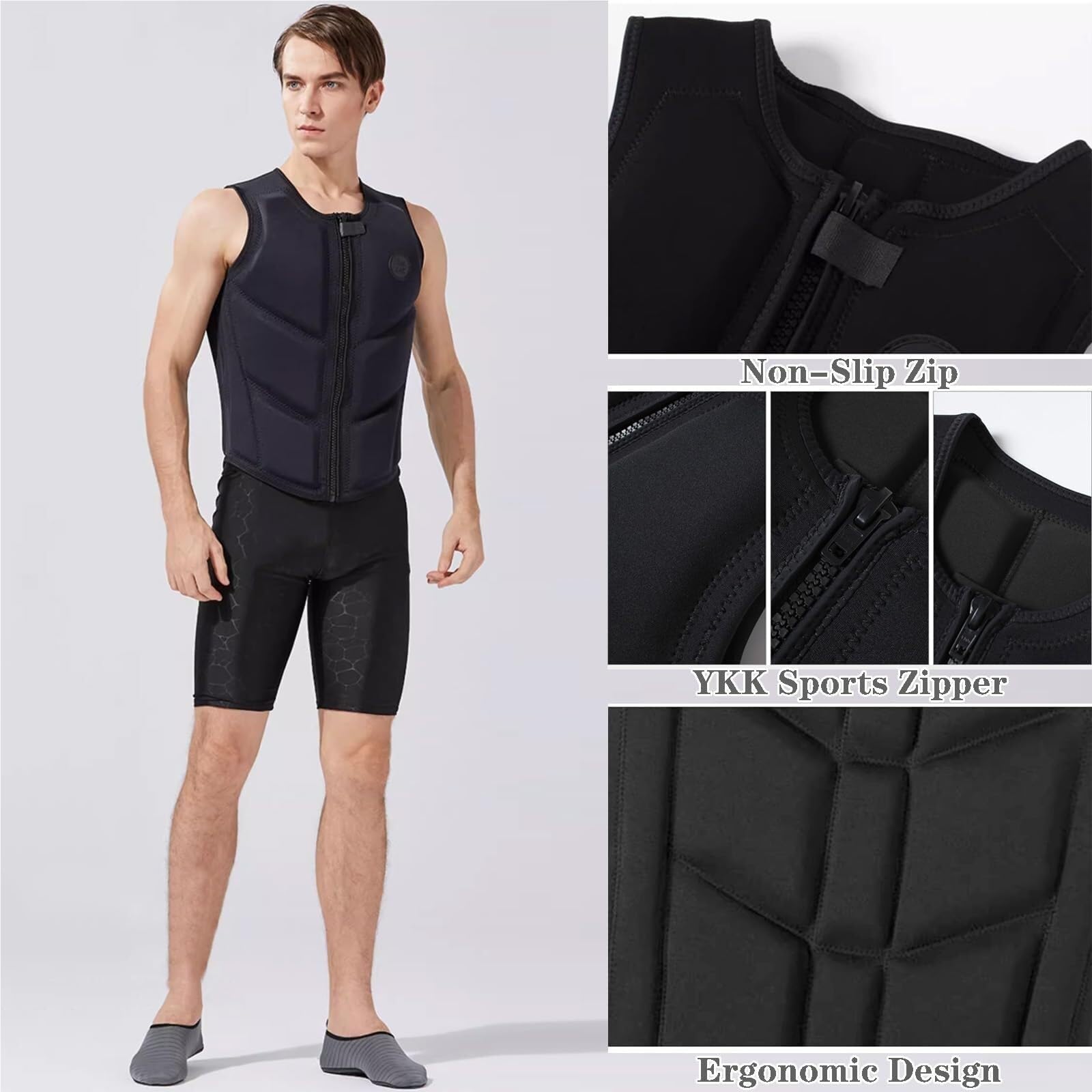 Adult Classic Surfing Vest High Buoyancy Surfing Vest with Zipper for Fishing Kayaking Swimming Boating Canoeing Rafting Water Sports Safety Gear Men Women Adjustable