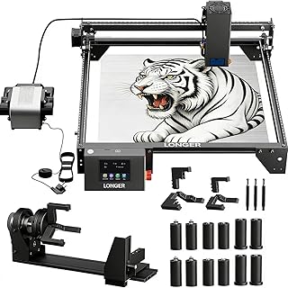 Longer Ray5 20W 레이저 조각기, 에어 어시스트 키트 3-in-1 회전 롤러 키트 DIY CNC 레이저 커터 도구, 금속 유리 목재용, 조각 영역 400 x 365mm