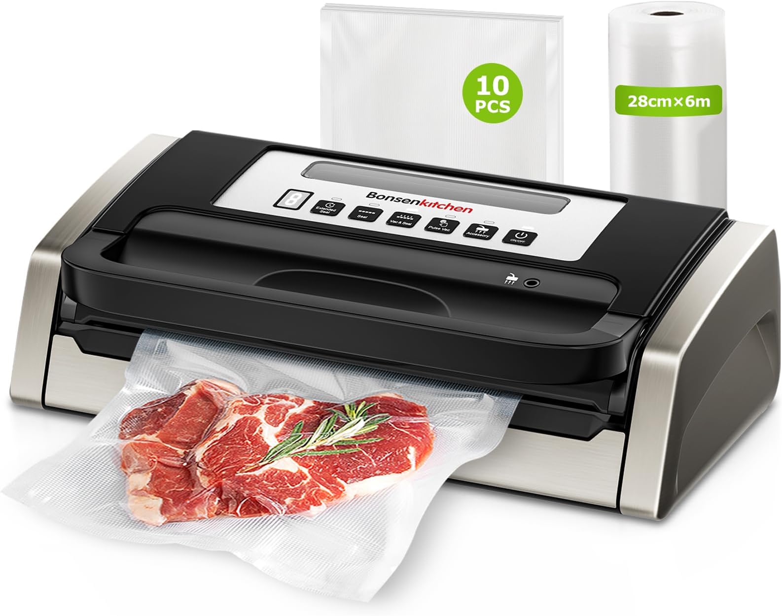Bonsenkitchen Vacuum Sealer Machine, 15L/Min, 1 Roll Bag & 10 Pre-Cut Bags | Globefish Technology for Powerful Vacuum Sealing, Easy-Lock Handle, Bag Clip, Low-Noise, Built-in Cutter and Bag Storage