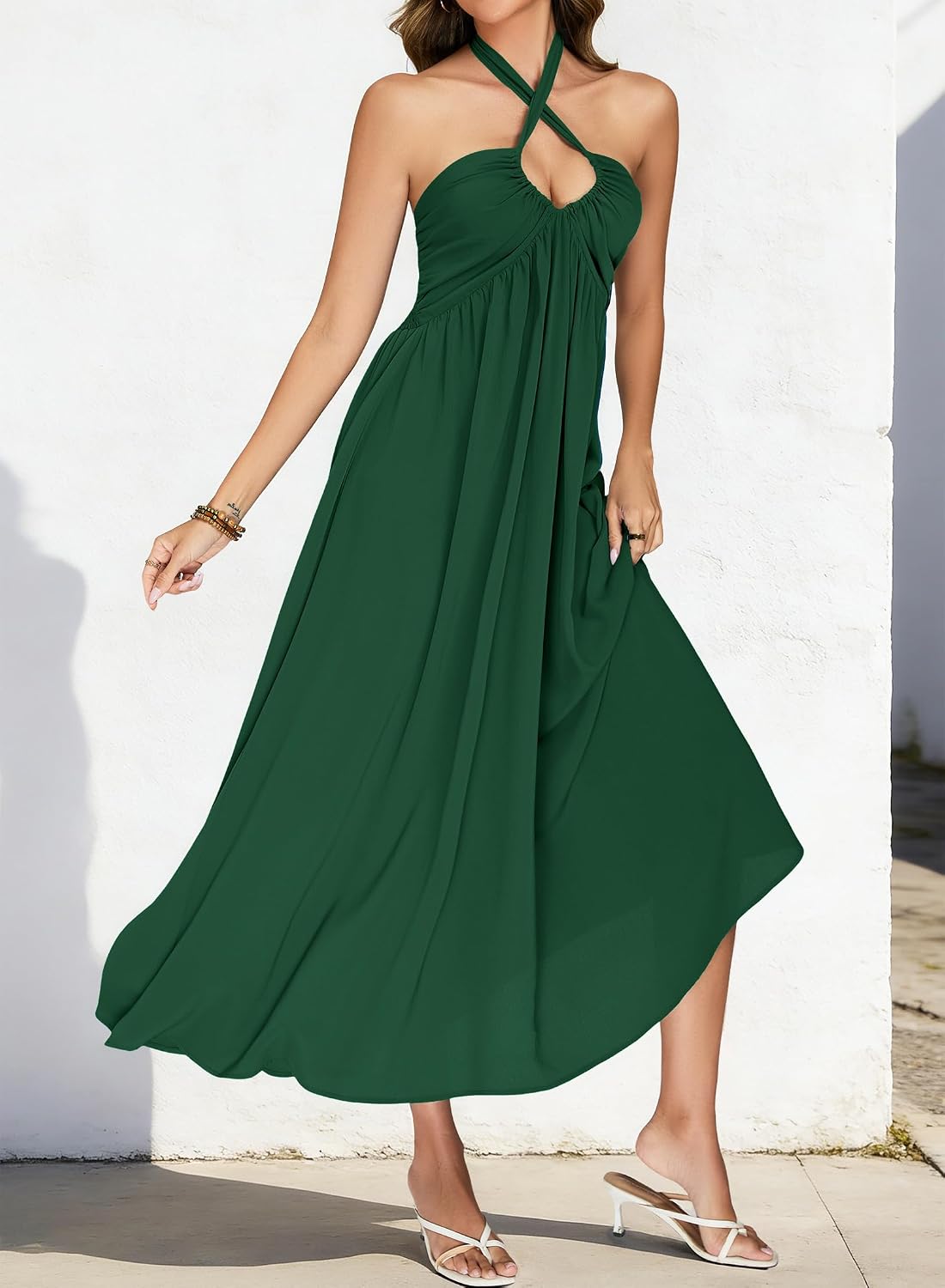 Maxi Dresses for Women Sexy Halter V Neck Backless Smocked High Waisted A Line Beach Vacation Sundress image 3