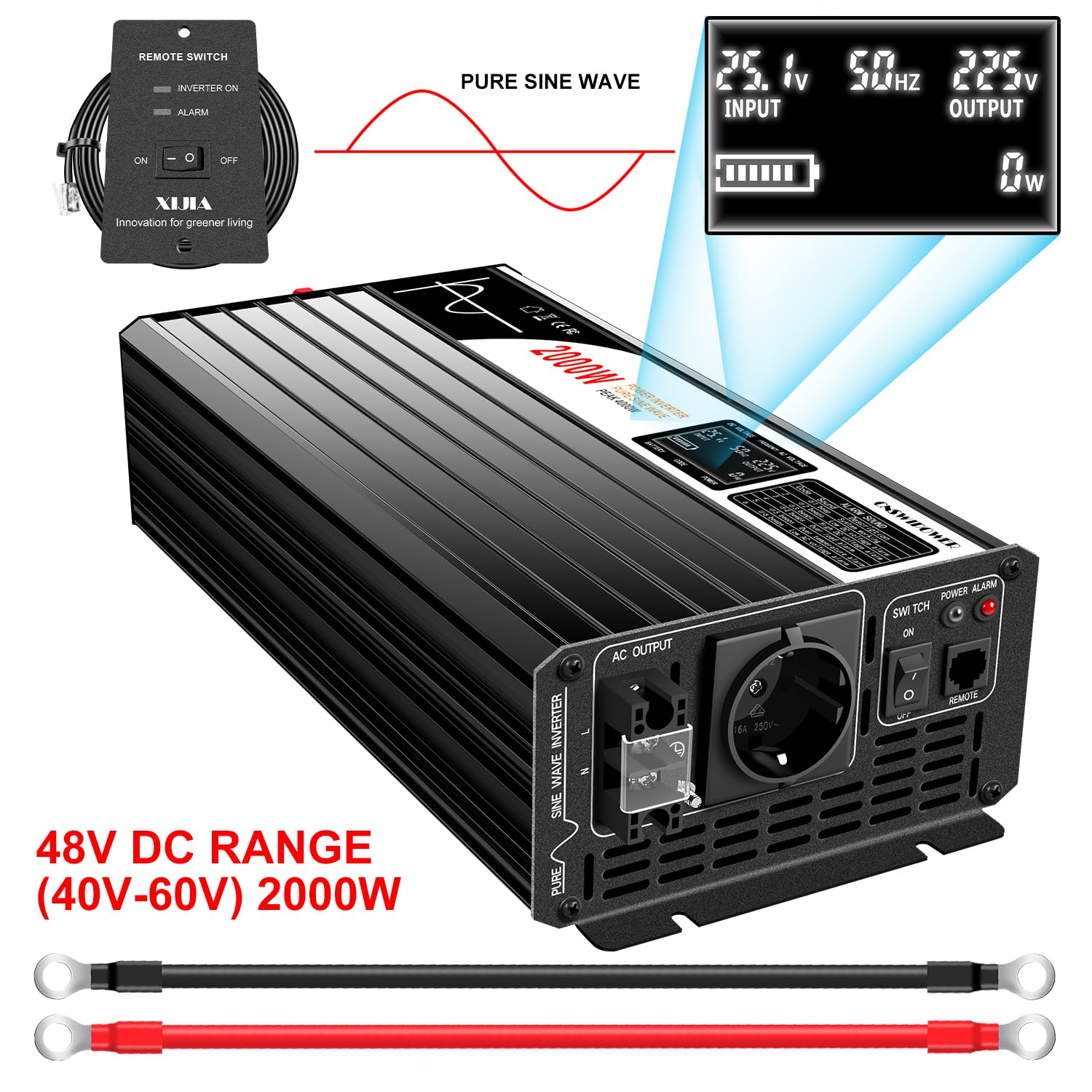 Wechselrichter 2000W Reiner Sinus, Spannungswandler 48V auf 230V AC, PV Solar Wechselrichter für Heimspeicher, Hybrid Photovoltaik Inselanlage, Inverter für Balkonkraftwerk Speicher
