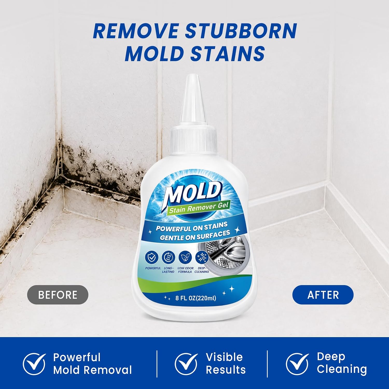 MoldStain Remover Gel, 8 Fl Oz – Washing Machine Gasket Cleaner for Front Load Washer Seals, Shower Caulk, Bathroom Grout & Refrigerator Gaskets – Thick Cling Gel with Cleaning Brush