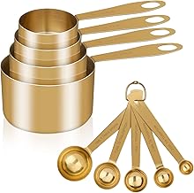 GuDoQi Measuring Cups and Spoons Set of 9, Stainless Steel Handle with Metric and US Measurements, Golden Polished Finish, Dry & Liquid Ingredient Measuring Cup for Cooking and Baking