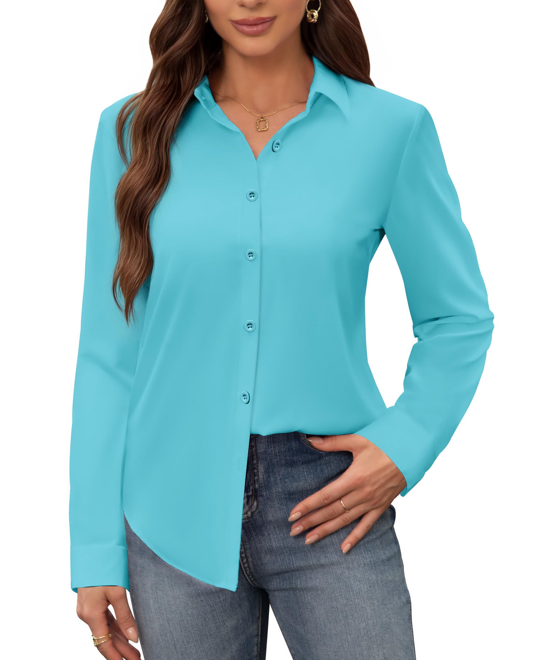 siliteelon Women's Stain Shield Dress Shirts Wrinkle Free Long Sleeve Shirts Solid Work Business Button Down Shirts