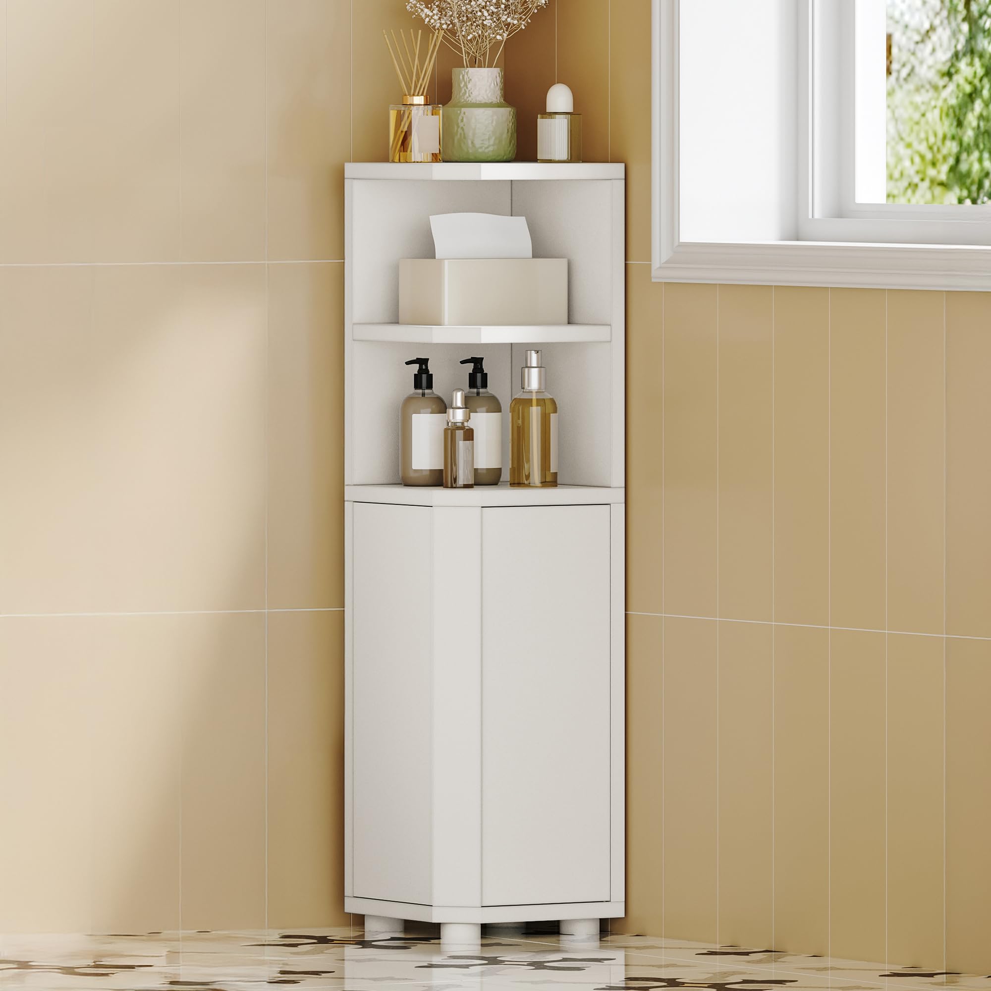 Giluta Mobiletto Portaoggetti Angolare Da Bagno Con Anta In Vetro - Organizer Stretto Per WC E Cucina - MDF Impermeabile