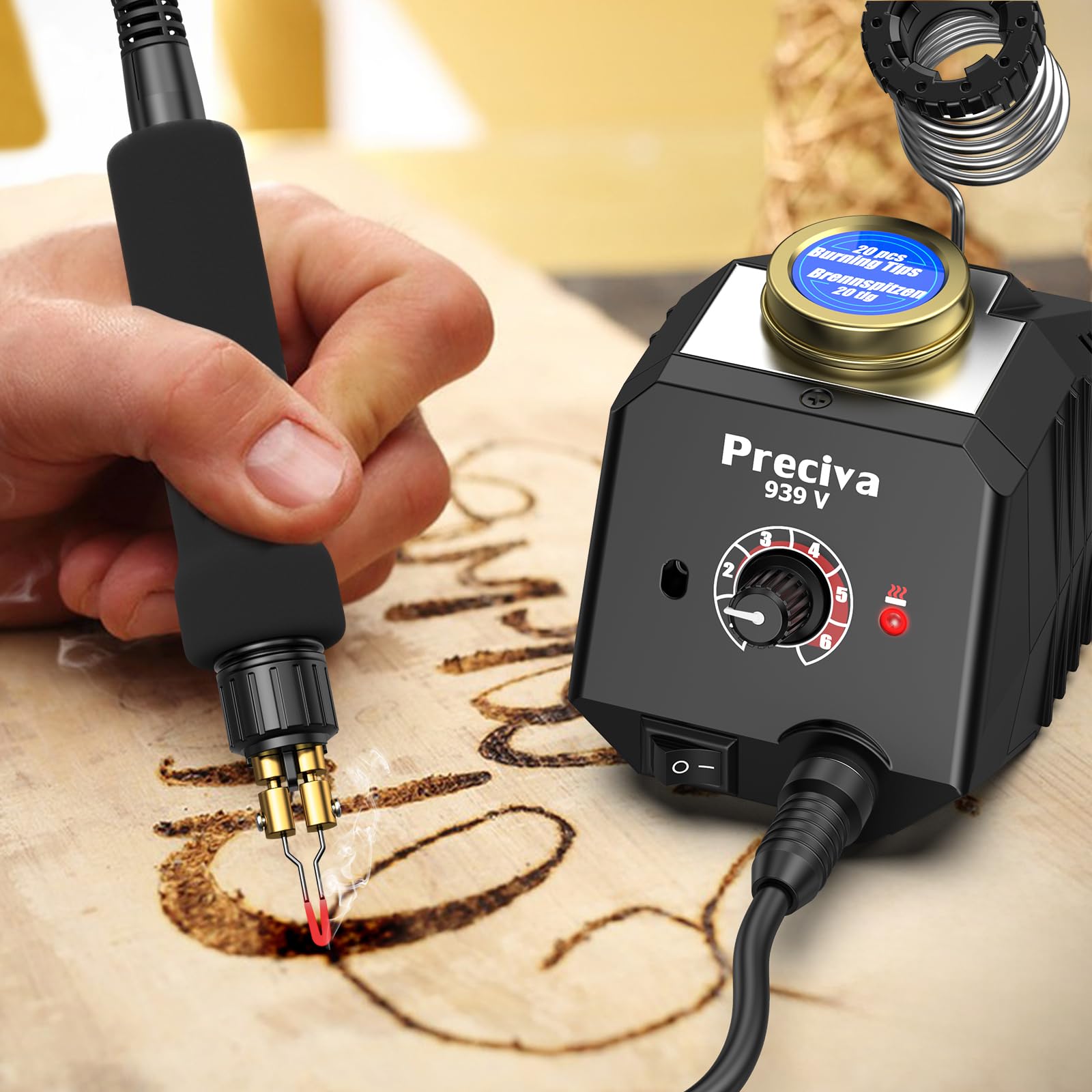 Preciva Kit Pirografo a Legna da 30W con Controllo della Temperatura, 20 Punte, Temperatura Regolabile da 250 a 750°C, Ideale per Intagliare Legno, Cuoio e Zucche ecc.