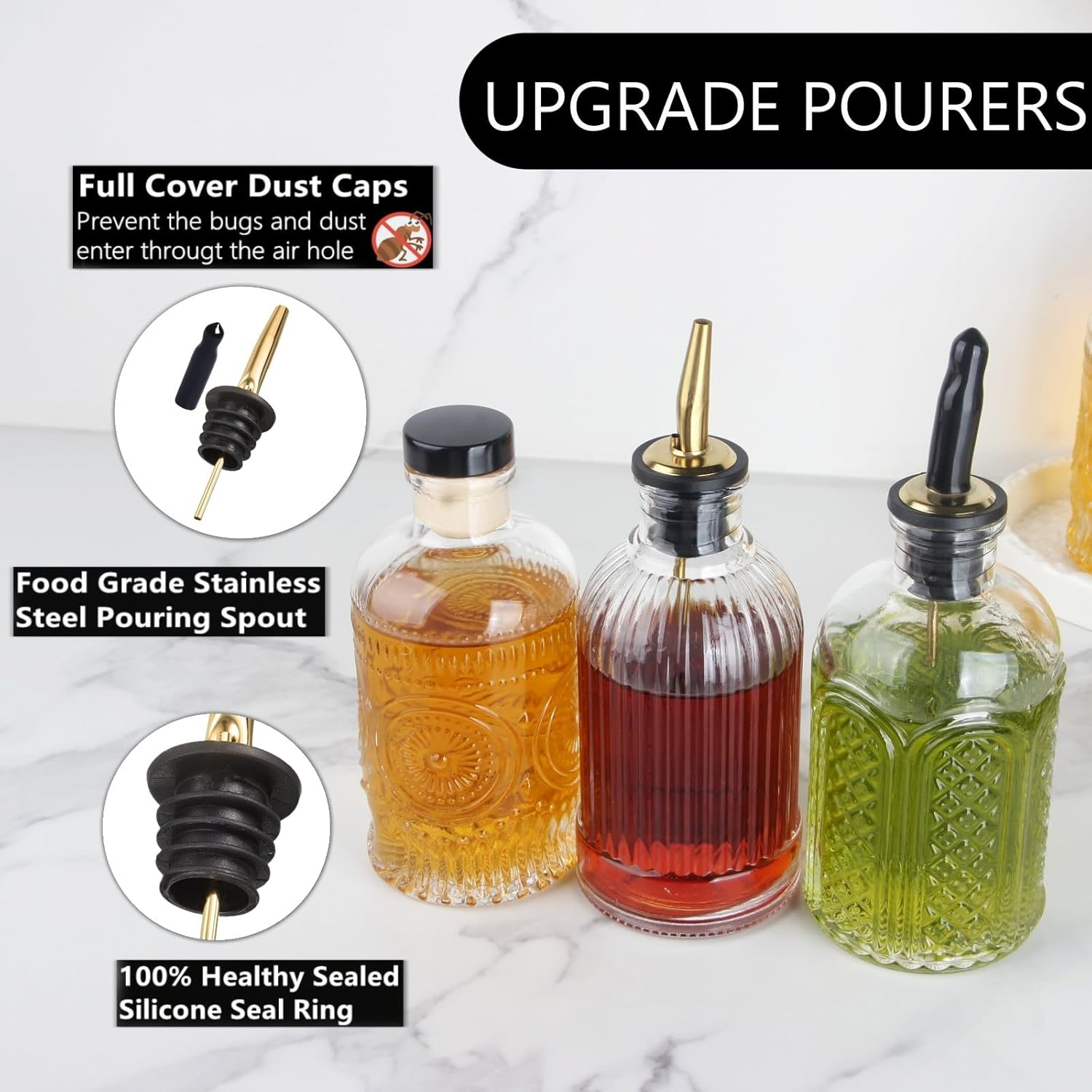 Simple Syrup Bottles Set of 6, Glass Coffee Syrup Dispenser Bottles 7 OZ With Metal Pour Spout, Labels and Stopper, Glass Syrup Dispenser for Maple Honey Syrup Oil and Sauces, SC060 - Image 3