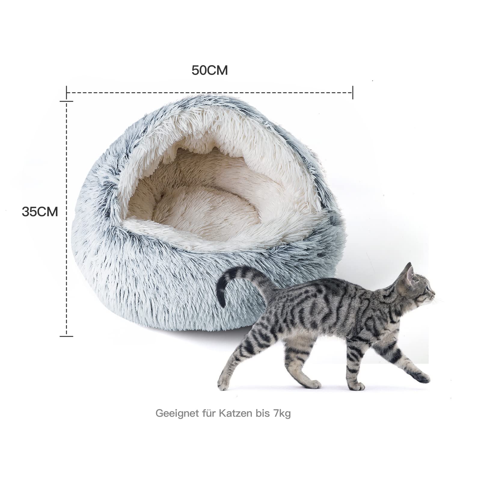 CATISM Lit pour Chat, Maison de Beignet en Peluche à Capuchon, Coussin Doux et Confortable Gris (50X50cm)