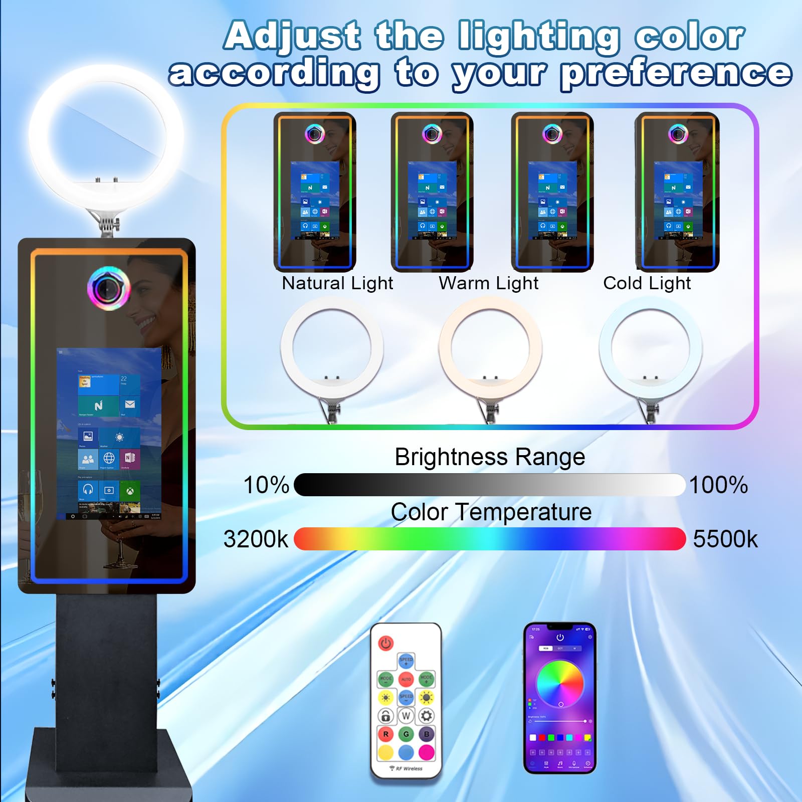 Aparat do fotobudki z ekranem dotykowym 54.6 cm, lustrzana budka do selfie ze światłem RGB i futerałem lotniczym, fotobudka na imprezy (czarna, maszyna + drukarka)