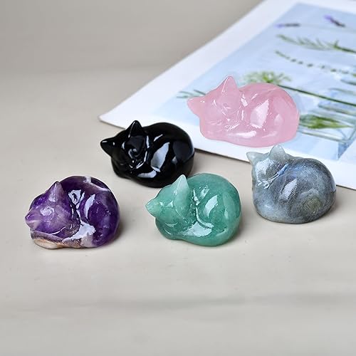 Miniatura 10 de WUYOUSHI Decoración de cristales de cuarzo rosa natural para gato, estatua de gato dormido, piedras preciosas pulidas, bonita figura de gatito,