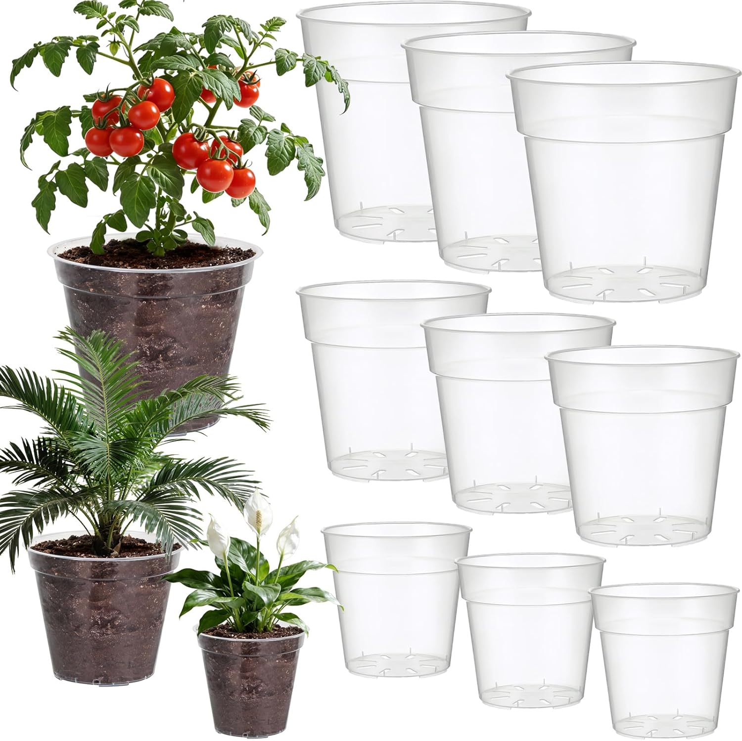 9 Pcs 8/10/12 Inch Large Clear Nursery Pots with Drainage Holes - Variety Pack Transparent Plant Pots for Orchids Succulents Indoor Outdoor Root Health