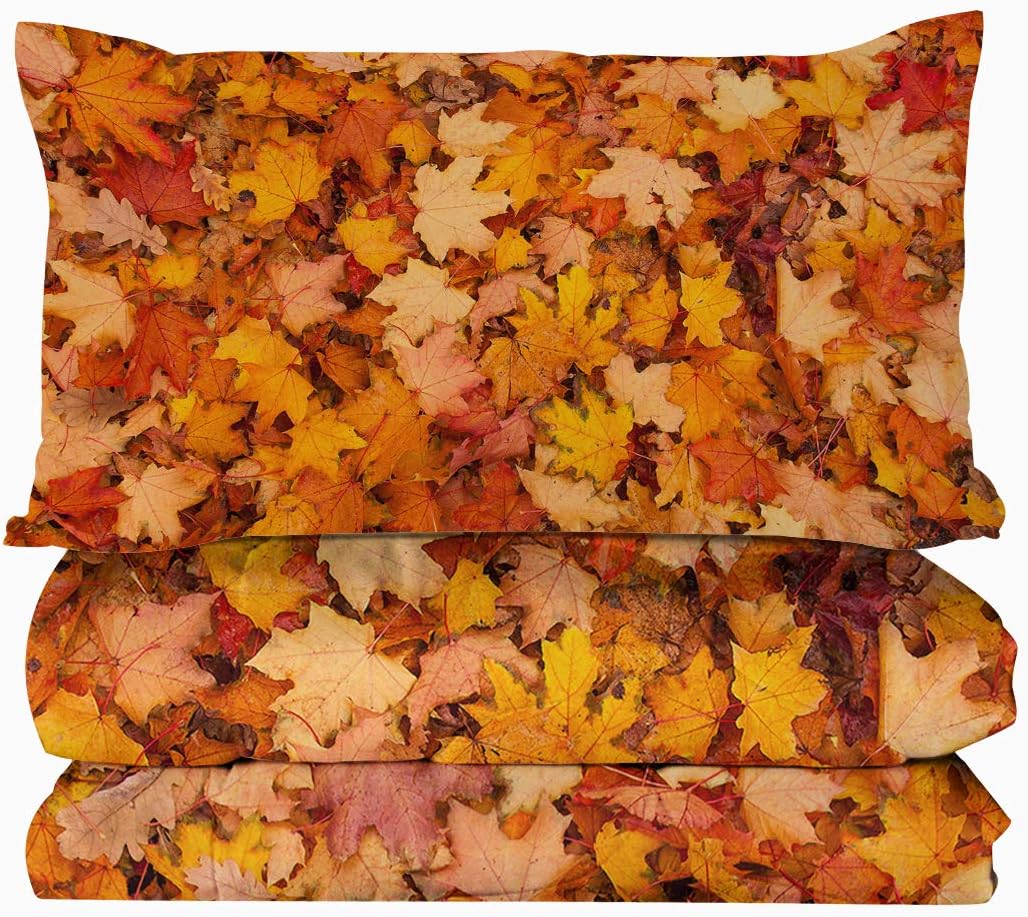 BlessLiving Fall Color Leaf Comforter Set Queen Set 3 Piece Maple Bedding Sets with Orange Comforter Autumn Leaves Bedspread 3D Nature Art Quilted Set, Soft Lightweight Full/Queen Bed Set