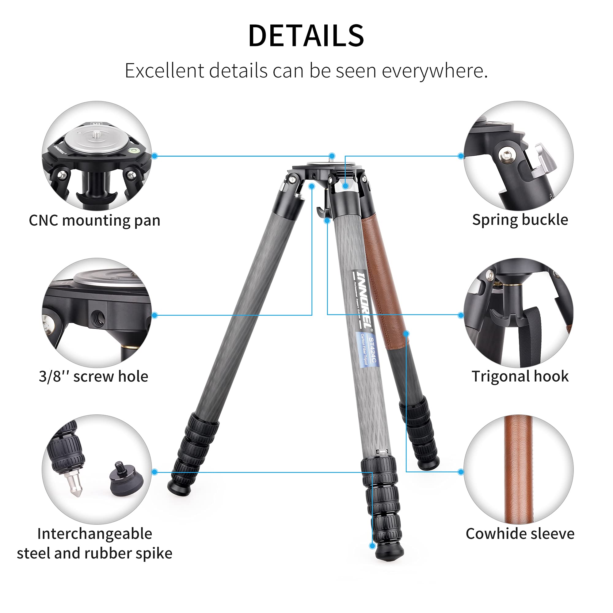 Treppiede in fibra di carbonio INNOREL ST424C Supporto per fotocamera professionale per impieghi gravosi con adattatore per ciotola da 75 mm tubo da 42,4 mm Carico massimo 42 kg Altezza massima 170 cm
