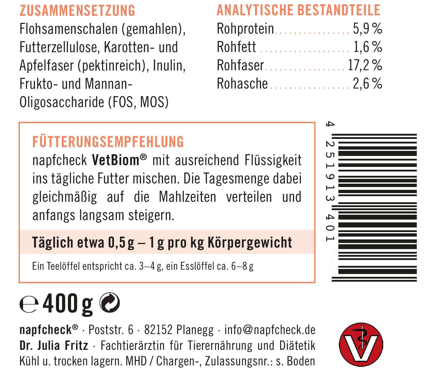 napfcheck VetBiom – Präbiotischer Fasermix für eine geregelte Verdauung - für Hunde und Katzen - 400 g