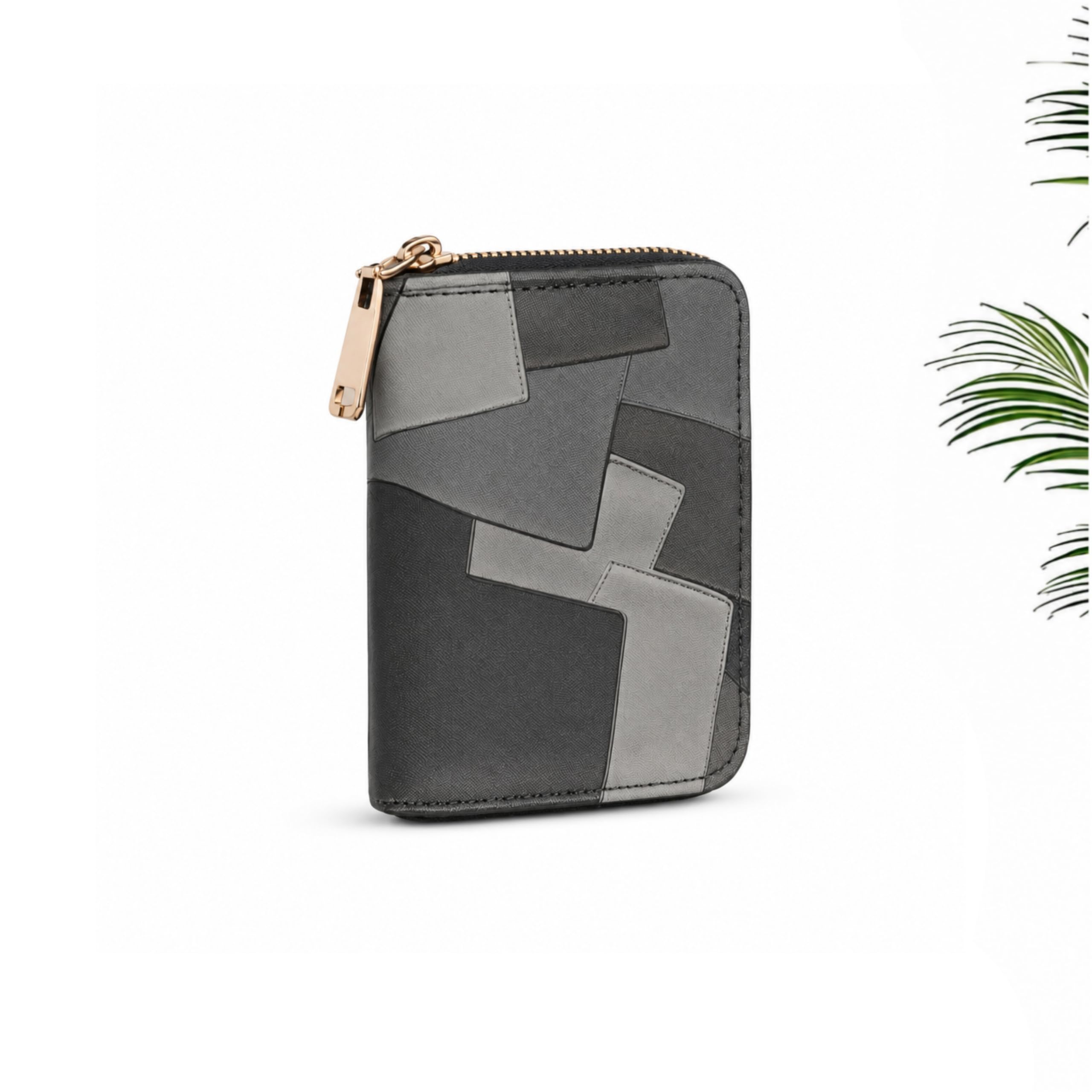 Grey Patchwork Zip-Around Wallet for Women, Faux Leather Clutch with Gold-Tone Metallic Zip, Geometric Print-image-0