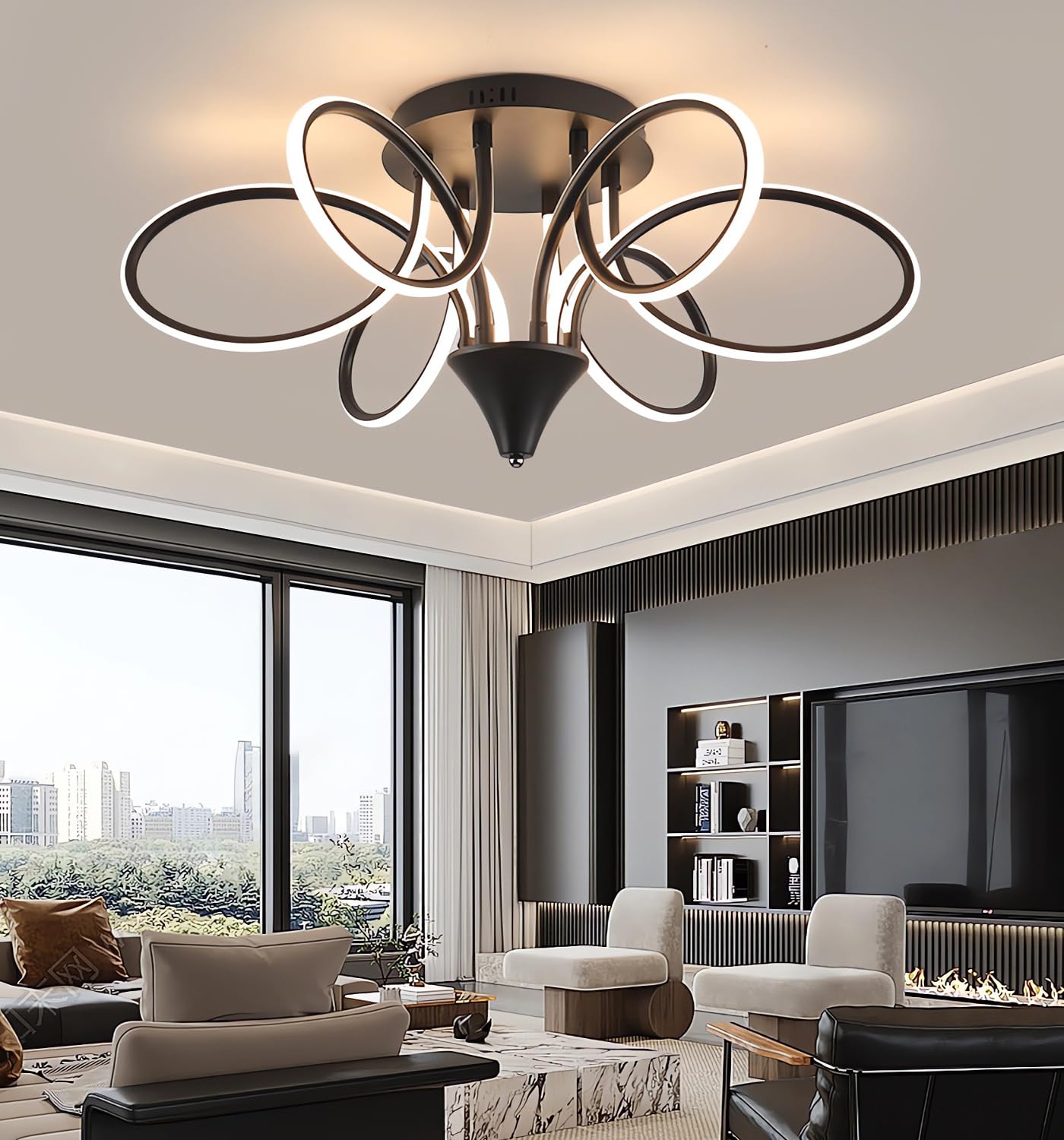 Nowoczesna lampa sufitowa LED 90W Nordic Oświetlenie sufitowe Możliwość przyciemniania Lampa sufitowa do salonu Żyrandol do jadalni z pilotem Sypialnia Wiszące światło sufitowe (Czarny, Φ75cm)