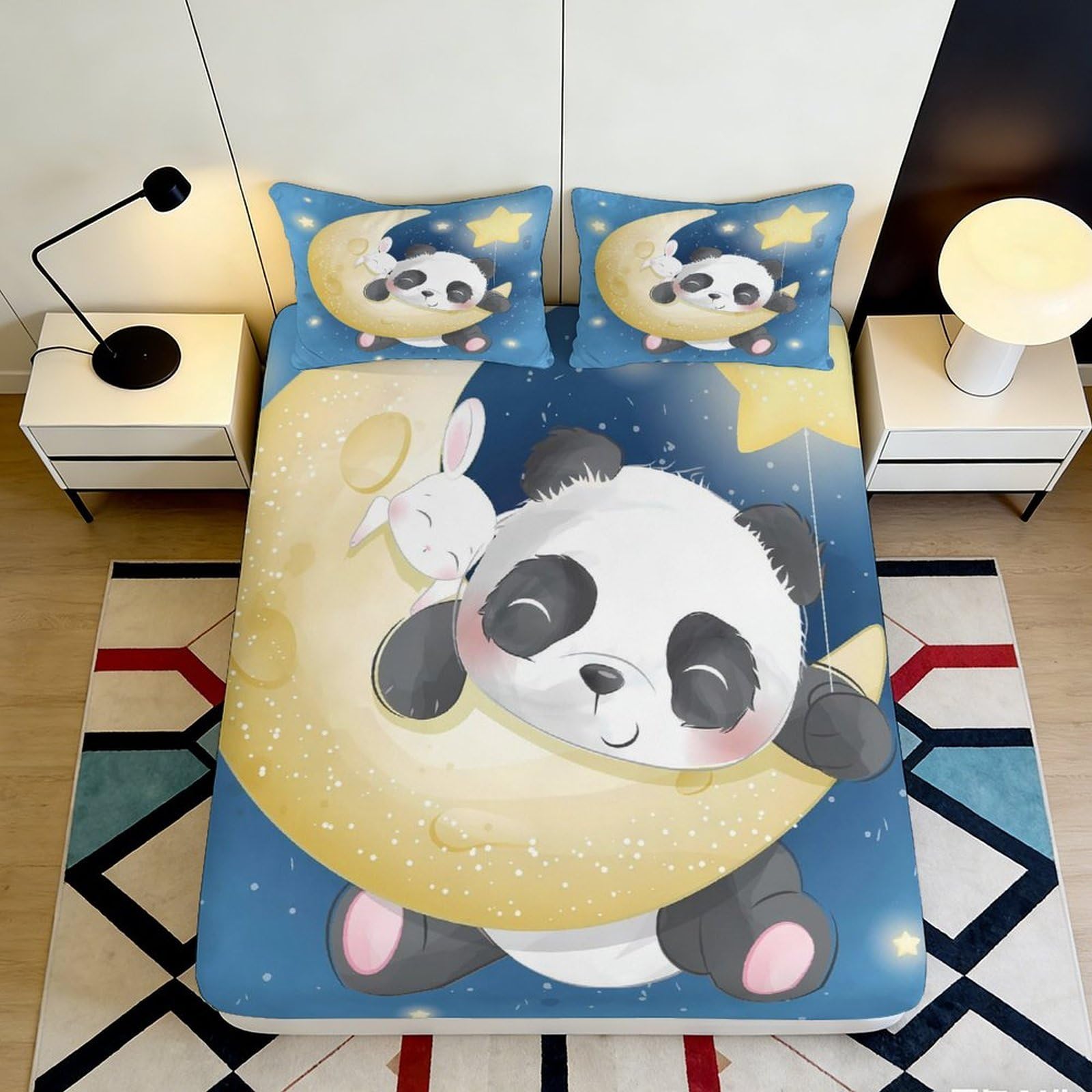 3D Printed Panda Moon Fitted Sheet Microfiber Soft Anti-Slip Cartoon Rabbit Mattress Cover for Bedroom Guest Room Decor 90x200x25cm