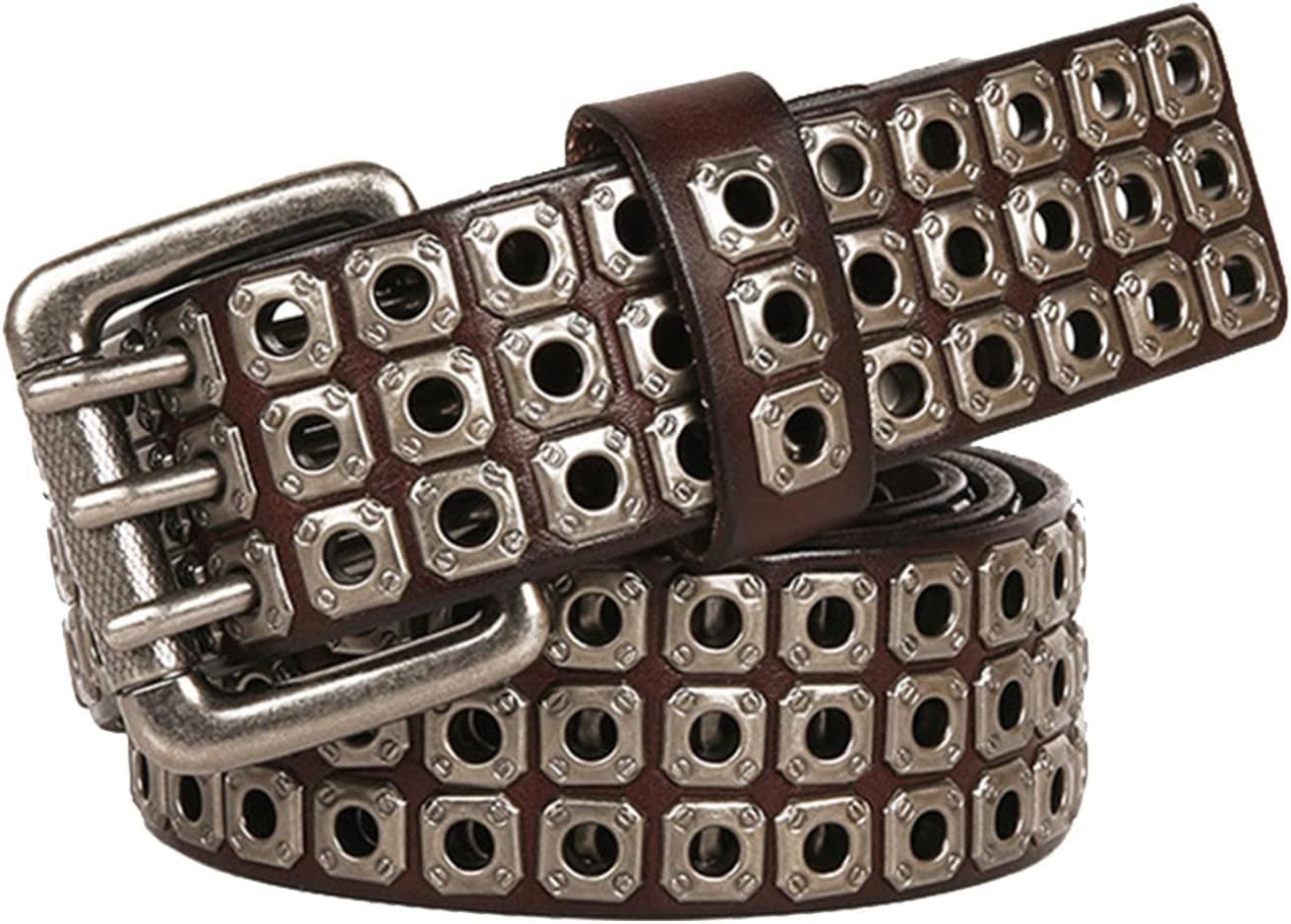 -Fashion Gothic Rock Biker Waistband 3 Hole Belts Punk Belt Hollow Rivets Three Grommet Buckle Cowhide