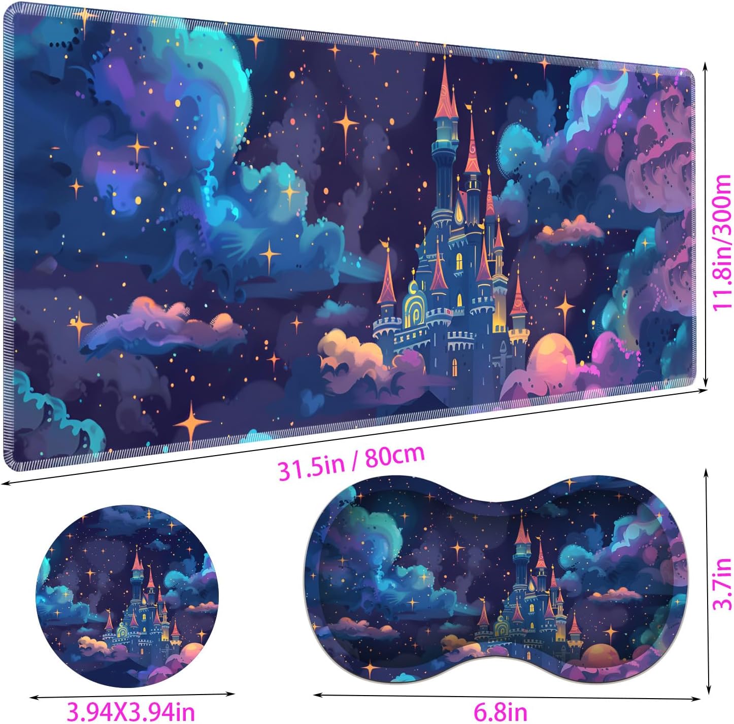 Large Gaming Mouse Pad + Mouse Wrist Rest Pad + Coaster Combination, 31.5 "x 11.8" Durable Non-Slip Extension Table Mat, Suitable for Office and Home, Astral Cloud Castle