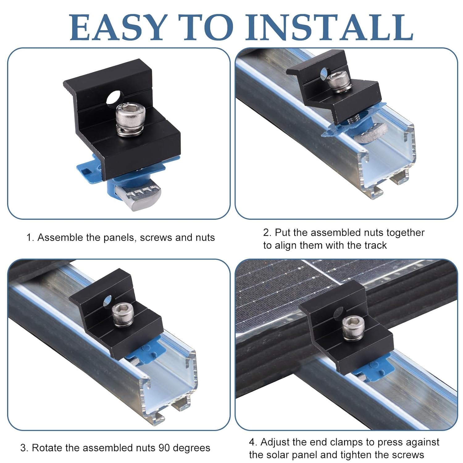 10pcs Solar Panel End Clamps for Unistrut Standard, 30mm/35mm Solar Panel Brackets with Nuts Bolts, Aluminum Alloy Mounting Rail Kit for Metal Tin Flat Sheet Roof Mount (Black)