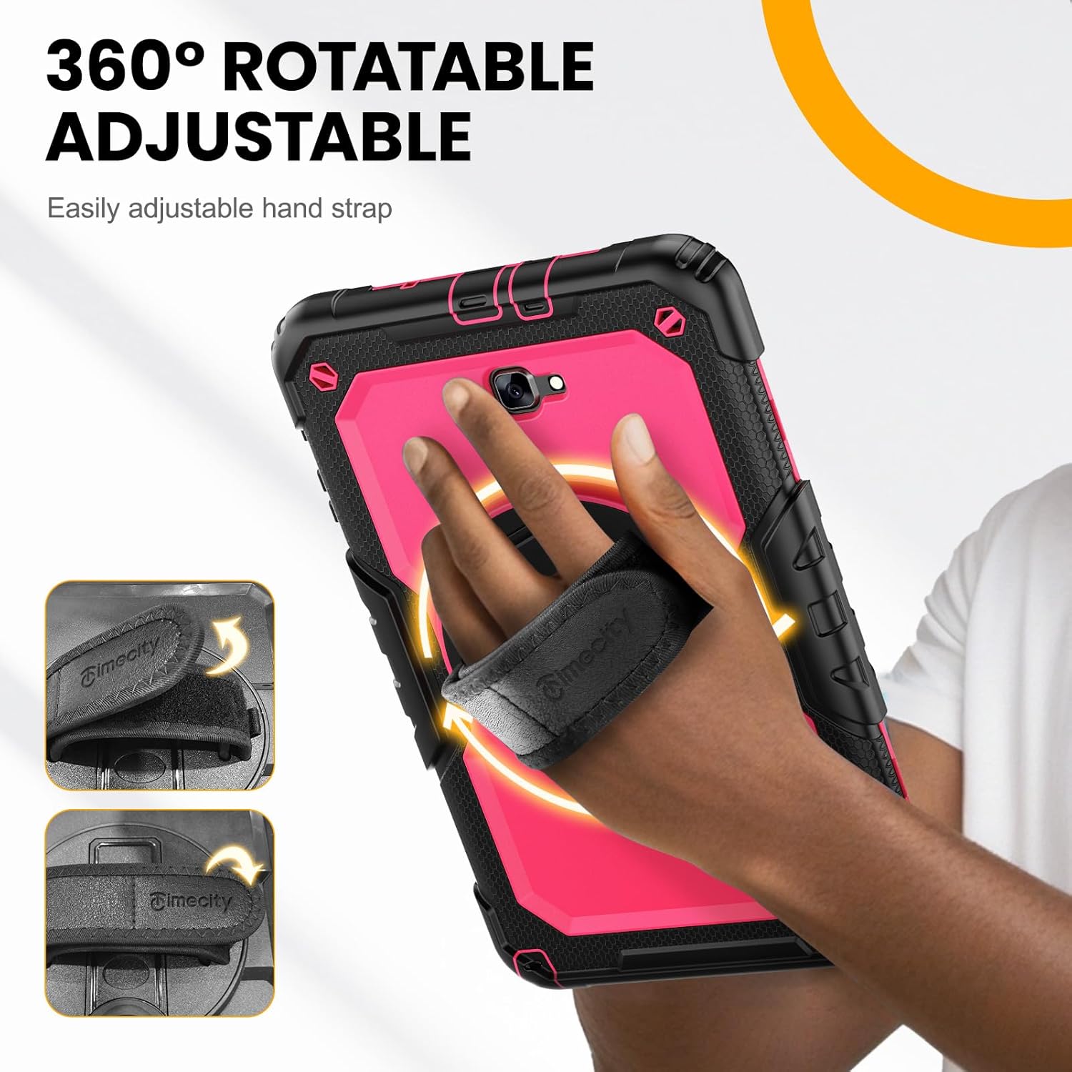 Timecity Case for Galaxy Tab A 10.1 2016 Release (SM-T580 T585 T587), Heavy Duty Protection Case with Screen Protector, Swivel Stand, Hand Strap and Shoulder Strap Stylus Holder - Rose