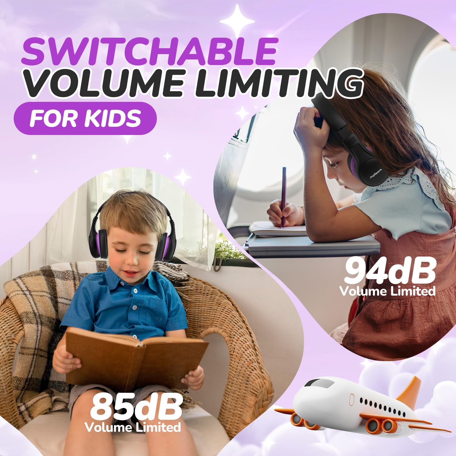 JoySpark Auriculares Bluetooth para niños, 60 horas de reproducción, Bluetooth 5.4, auriculares inalámbricos para niños, carga rápida tipo C, volumen limitado de 85/94 dB, auriculares inalámbricos