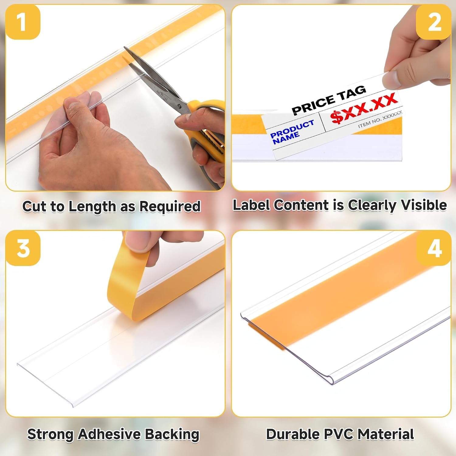 50 Pcs Shelf Label Strips 1.5''H x 48''L Self Adhesive Label Holder with 50 Pcs White Labels, Gondola Price Tag Holder Clear PVC Adhesive Ticket for Metal Wood Plastic Rack (Clear)