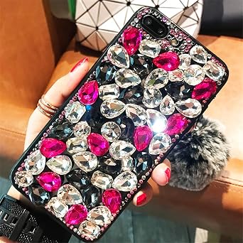 Case for Galaxy S6 Edge,3D Handmade Fluffy Ball Sparkle Stunning Stones Crystal Rhinestone Bling Diamond Glitter Case for Samsung Galaxy S6 EdgeB White/Rose