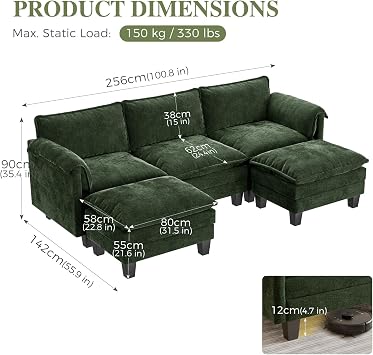 ELUCHANG Modular Cloud Sofa, 256cm Wide U-Shaped Sofa with 2 Ottomans, Modern Chenille 3 Seater Corner Couch with 62cm Deep Seat, Tool-Free Assembly Living Room, Apartments & Guest Room, Green