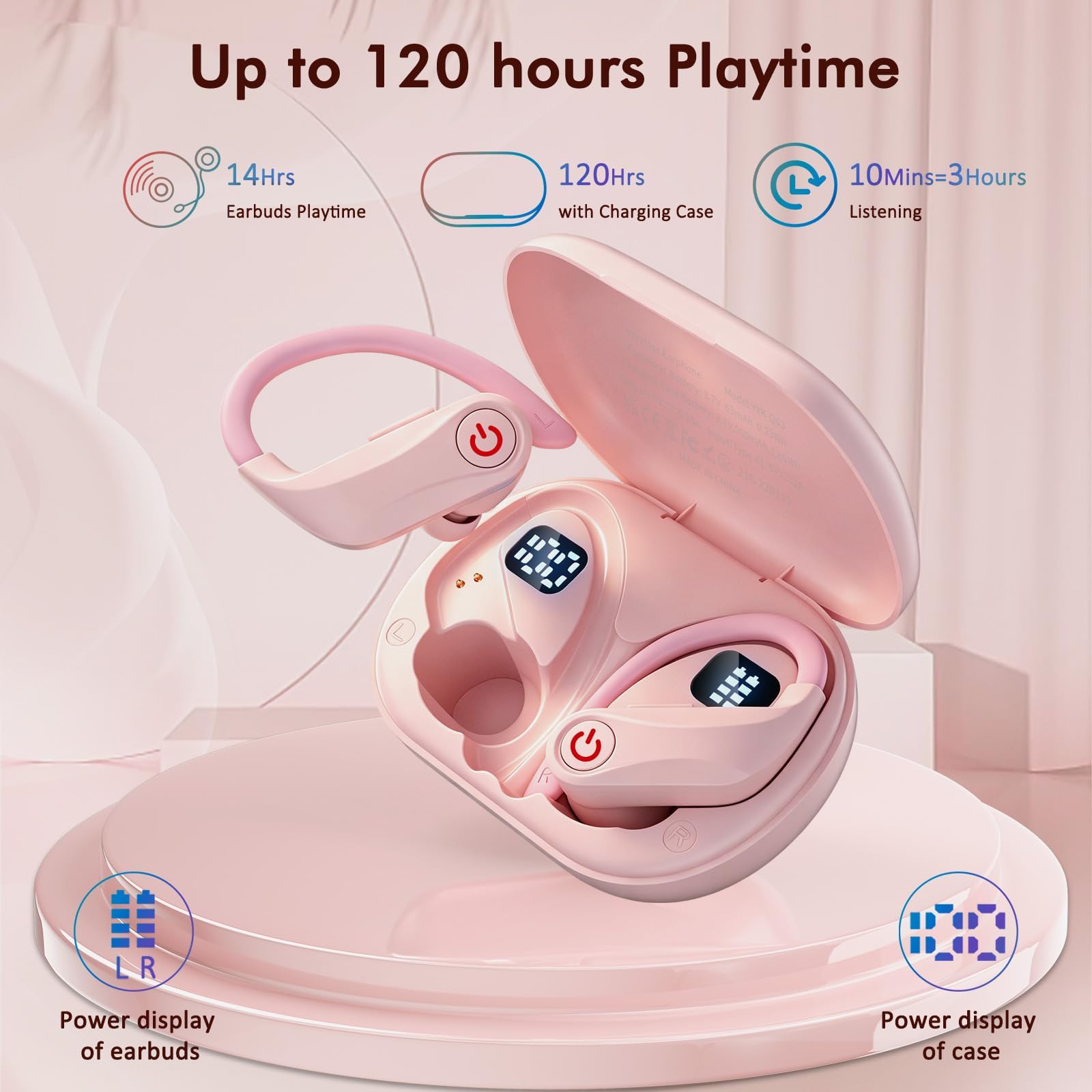 120 Ore Cuffie Bluetooth 6.1 Sport, Auricolari Bluetooth (Rosa Chiaro | HiFi Stereo Cuffiette per Running, Cancellazione Rumore 4 HD Mics,IP7 Impermeabili , Cuffie In Ear Senza Fili LED Display