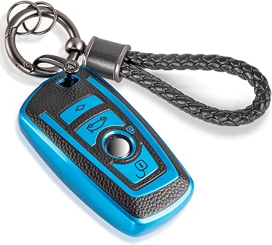 for BMW Key Fob Cover with Metal Braided Rope Keychain, Upgraded Soft TPU Surface Grain Key Case for Classic BMW Key Fob Shell Blue