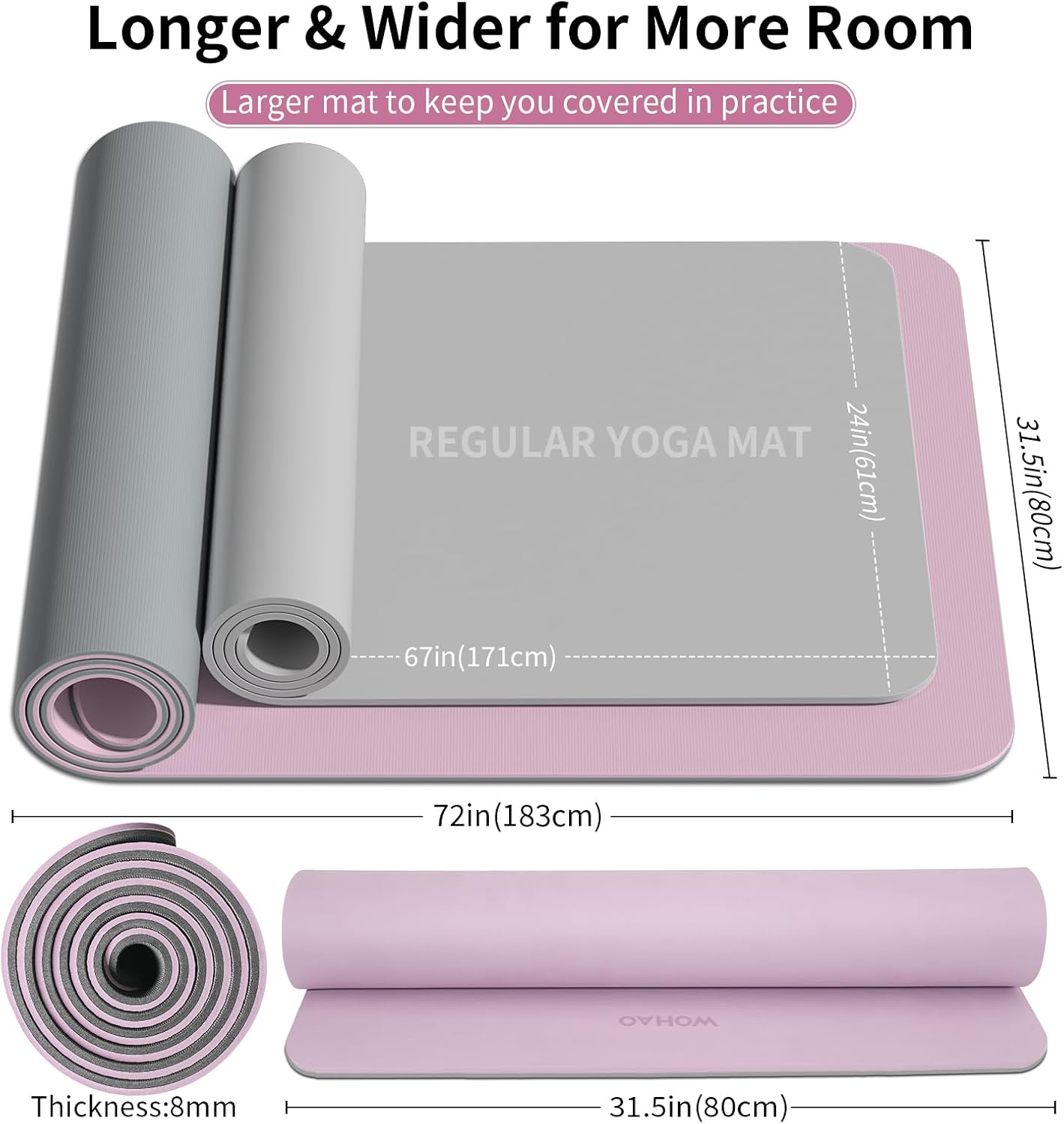 Extra Thick 8mm Yoga Mat, 72"x28" Non Slip Exercise Mat, Reversible 2-Sided Dual Color Premium POE Material, with Carrying Strap for Yoga, Pilates, Home Gym