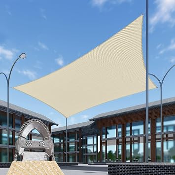 SunnyRoyal 45x45 Sun Shade Sail Super A Ring Cable Wire Inside Commercial Grade Rectangle Canopy Awning Fabric Cloth Screen UV Block Heavy Duty Outdoor Patio Carport Beige
