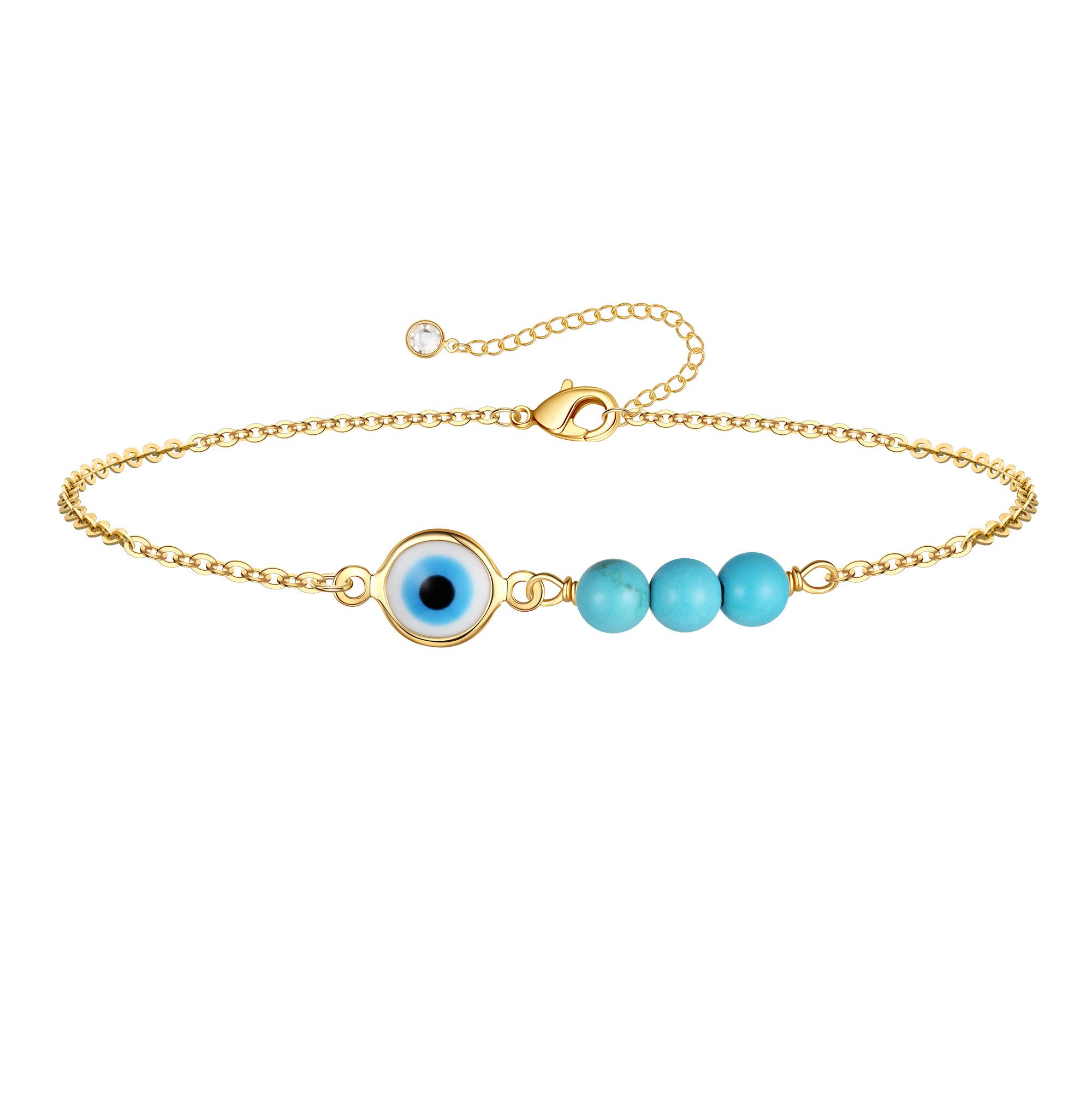 YoosteelDainty Evil Eye Bracelets for Women, 14K Gold Filled Turquoise Evil Eye Bracelet Handmade Three Turquoises Protection Fatima Chain Evil Eye Bracelets for Women Gifts