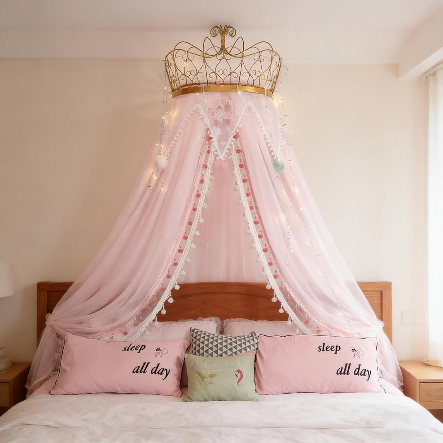 BK&MF Princess Crown Bed Canopy for Girls Room, Double Layer Lace Tulle Mosquito Net for Bed Pink Nursery Decor, Bed Drapes Netting for Full Queen King Size Bed,D,120cm(48") Full