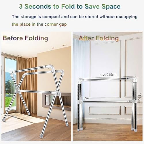 Miniatura 7 de YBLANDRV Estante de secado plegable para interiores y exteriores, estante de secado de ropa resistente, estante retráctil de acero inoxidable,