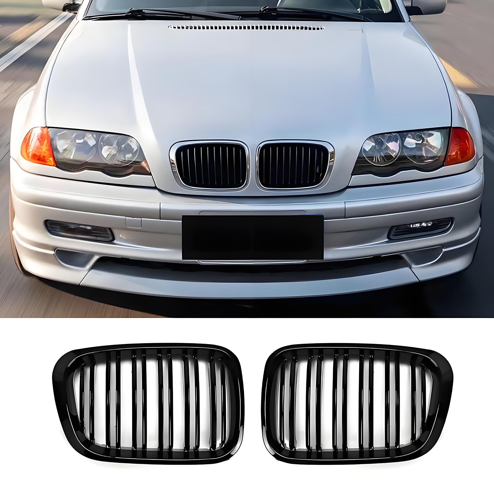 Calandre noire E46 pour Grille BMW Série 3 E46 4D 1998-2001 PRE Facelift Calandre sport brillant noir double pont(ne convient pas pour 2 portes)(For 3er E46 4D 1998-2001 PRE)