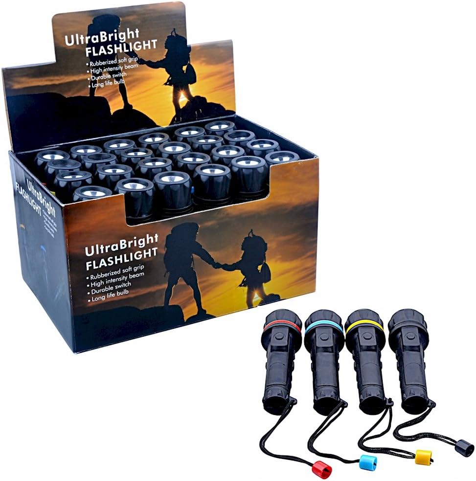 LED Flashlights - 3 Bright Bulbs Each - Easy On/Off Switch - Water-Resistant Rubberized Case - Wrist Strap - Box of 24 - Ready for Countertop Display
