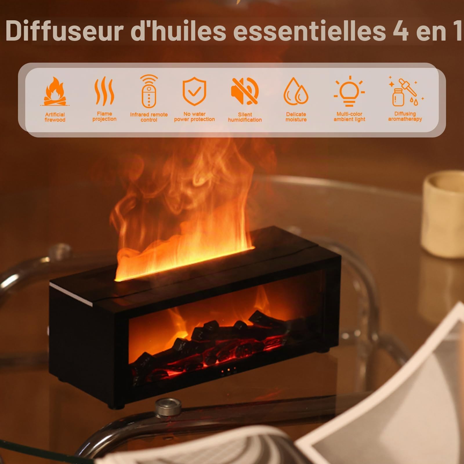WingFly Diffuseur de cheminée avec 7 lumières de couleur, diffuseur d'huiles essentielles de 150 ml avec minuterie et arrêt automatique sans eau pour la maison ou le yoga (noir)