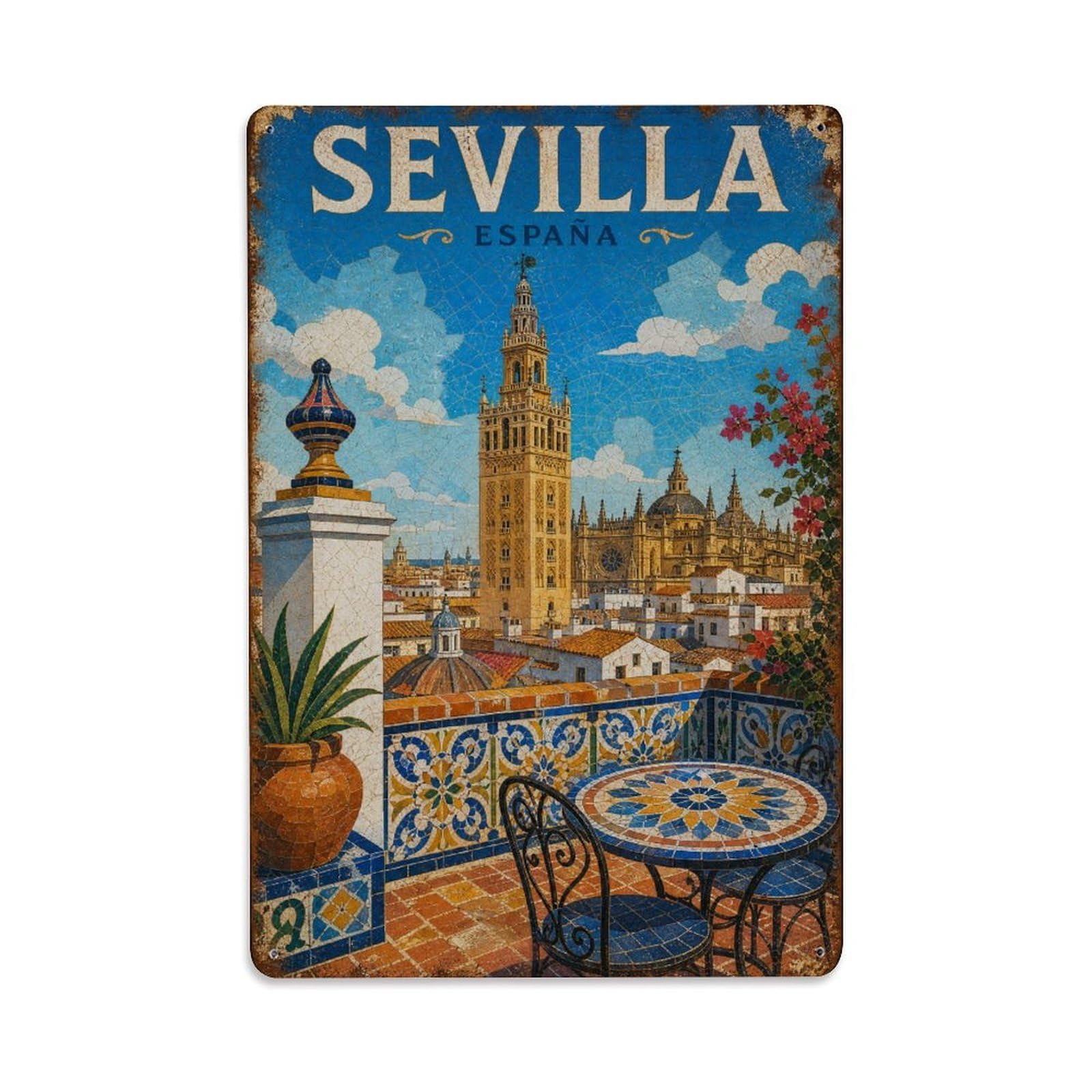 Huiyhb 8X12inch(20X30cm) Vintage Travel Seville Rooftop Terrace View Cathedral Tower Metal Tin Sign