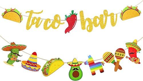 Rismise Fiesta Taco Bar Guirnalda de 2 juegos de pancartas mexicanas para fiesta con cactus, burro, maraca, sombrero, taco, pimienta para fiesta