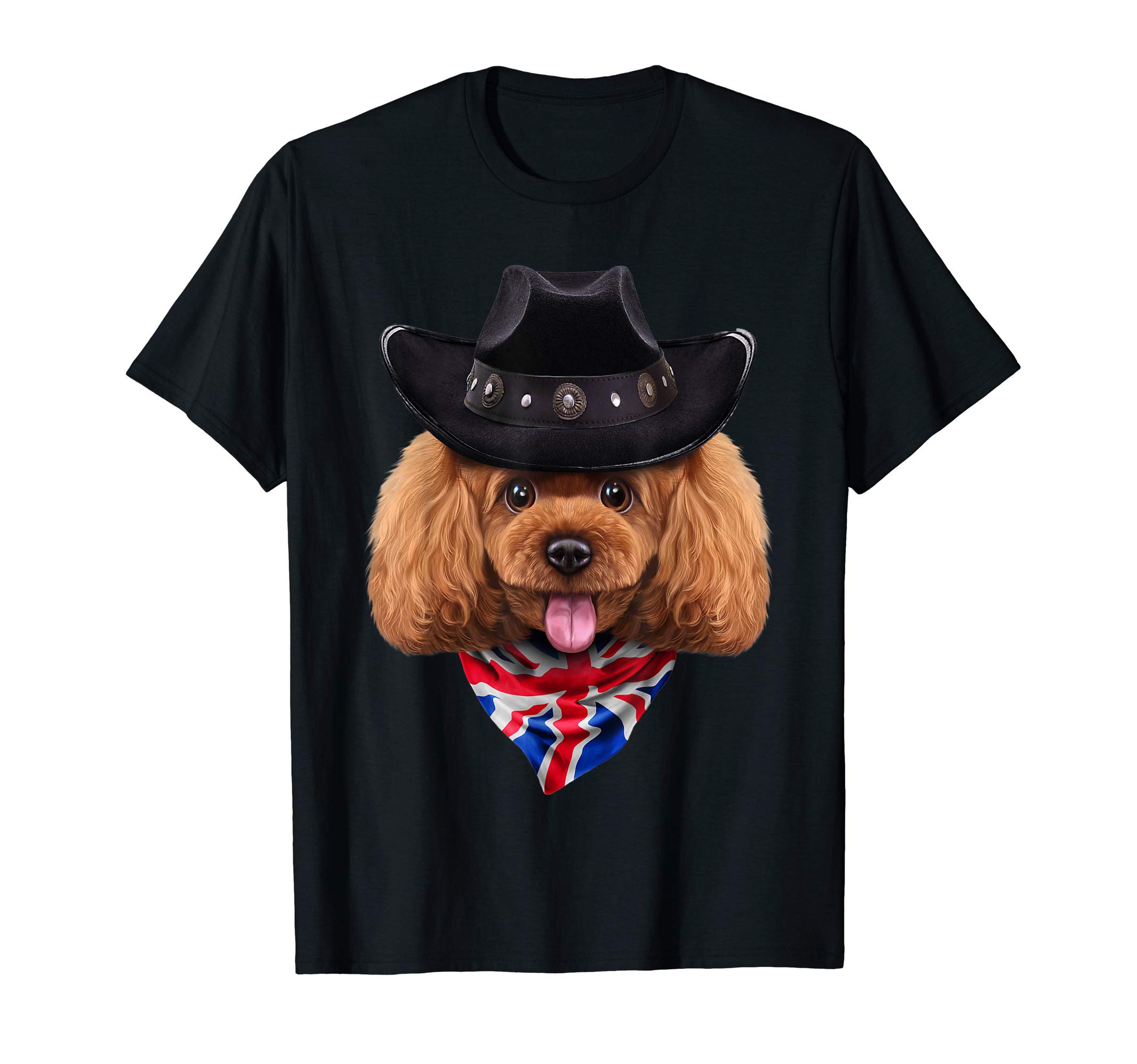 Playful Toy Poodle Dog in Cowboy Hat and Union Jack Bandana T-Shirt