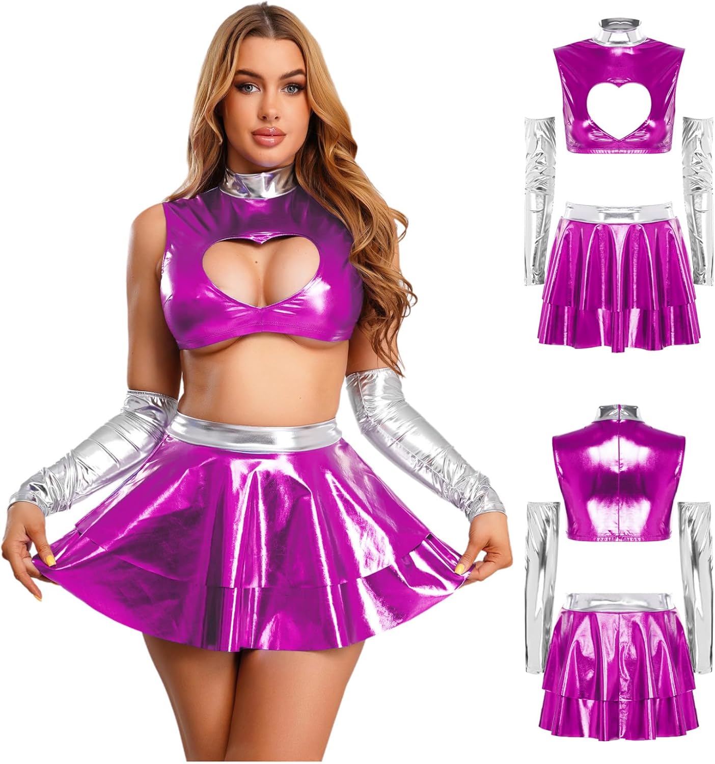 Kaerm Women 4 Pieces Crop Top Skirt With Gloves Set Tank Top And Skirts Set Cheerleading Uniform Rave Outfits