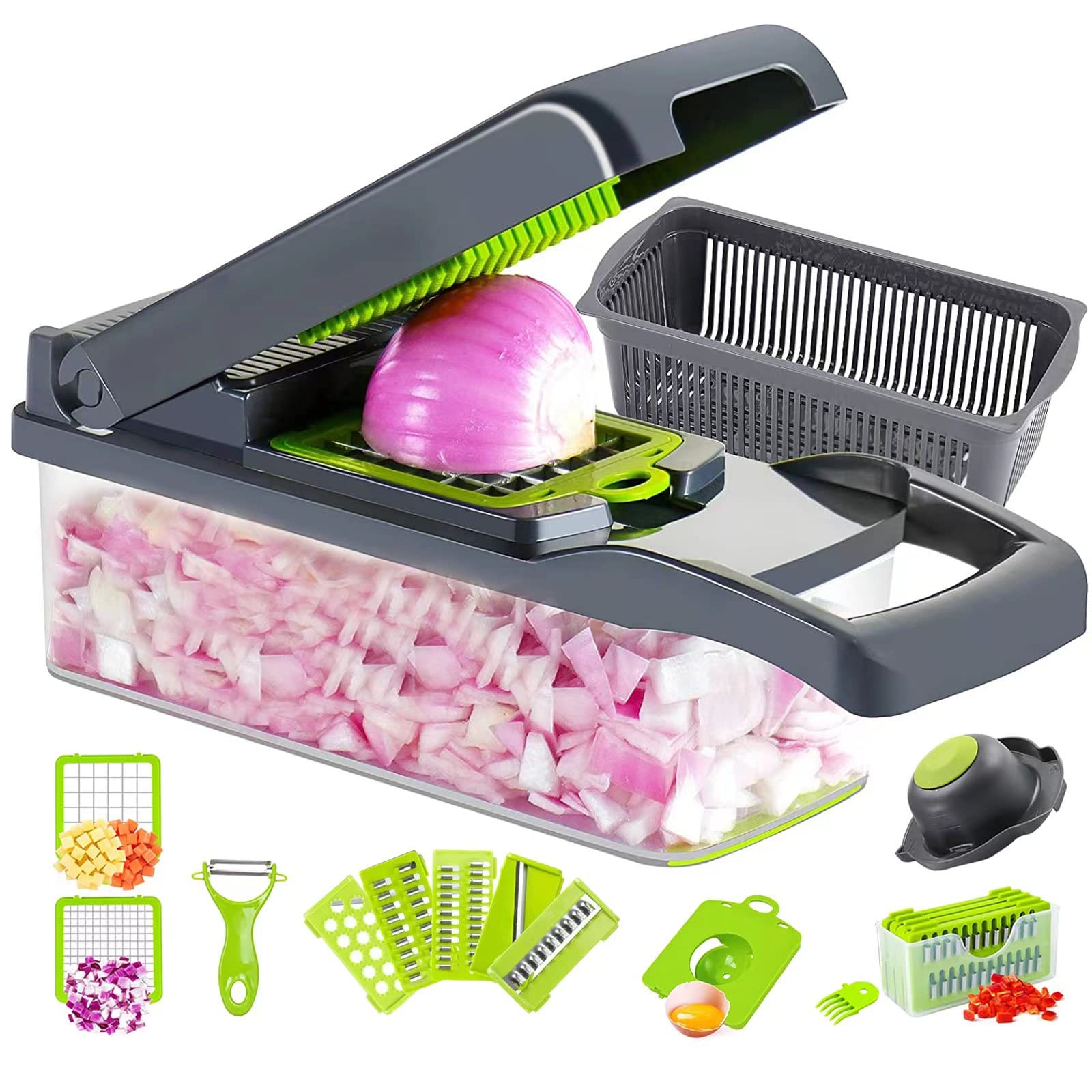 Groentenhakselaar, Voedselhakselaar, Pro 12 In1 Multifunctionele Uienhakselaar, Veggiehakselaar, Groentenhakselaar Met Container, Groentesnijder Snijmachine, Mandoline-snijder, Salade