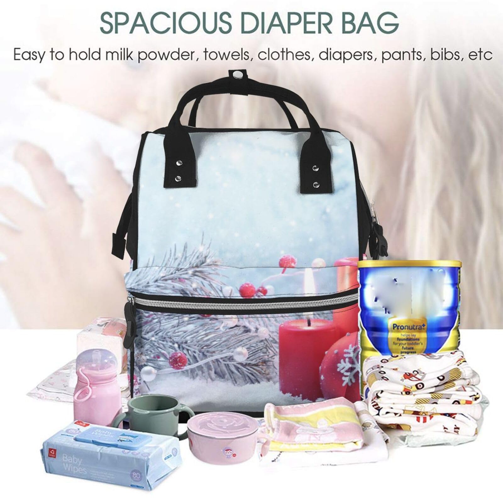 OUSIKA Bolsa de pañales con estampado de Feliz Navidad, multifunción, grande, para viajes, para mamá y papá, color negro, talla única, Negro, talla única
