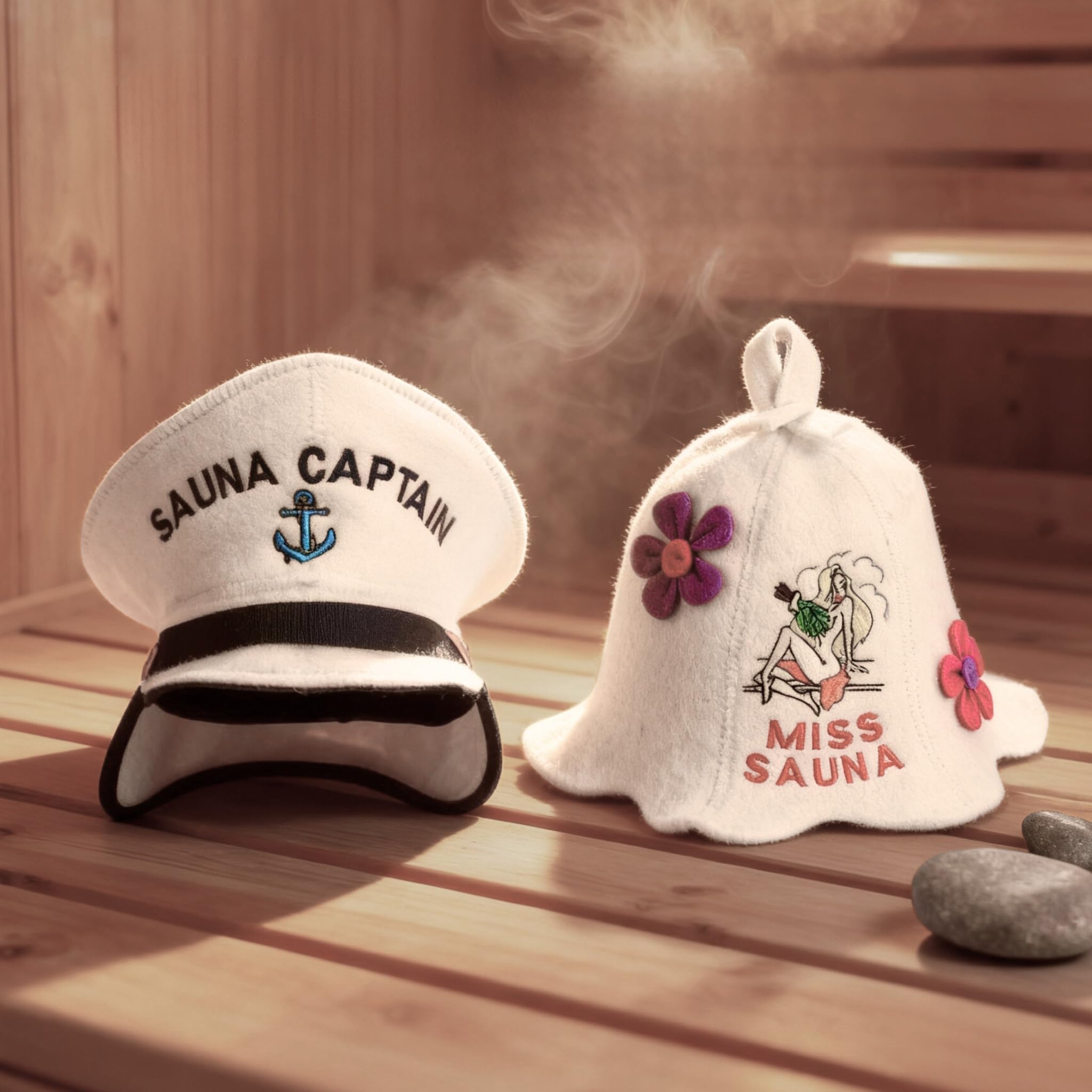 Saunahut für Damen und Herren aus Filz - Captain + Miss Sauna – Weißer Saunahut für Herren und Damen aus 100 Prozent Natürlichem Wollfilz – Saunamütze mit Stickerei – Hitze-Schutz – Inkl. Sauna E-Book