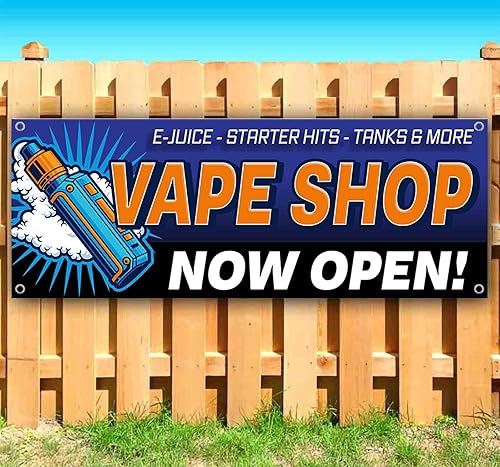 Vape Shop Now Open Banner de 13 onzas, sin tela, vinilo resistente de una sola cara con ojales de metal, para fumar, ahumar, apertura, ahora en