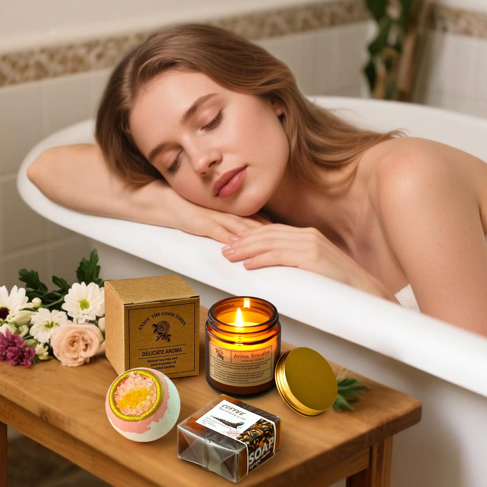 Regalo Cumpleaños para Mujer,Regalo Set de Taz, Vela Perfumada, Bomba de Baño,Jabón, Neceser, Pack de Lujo para Cumpleaños, Aniversario San Valentín Navidad para Esposa, Mujer, Mamá, Hermanas.