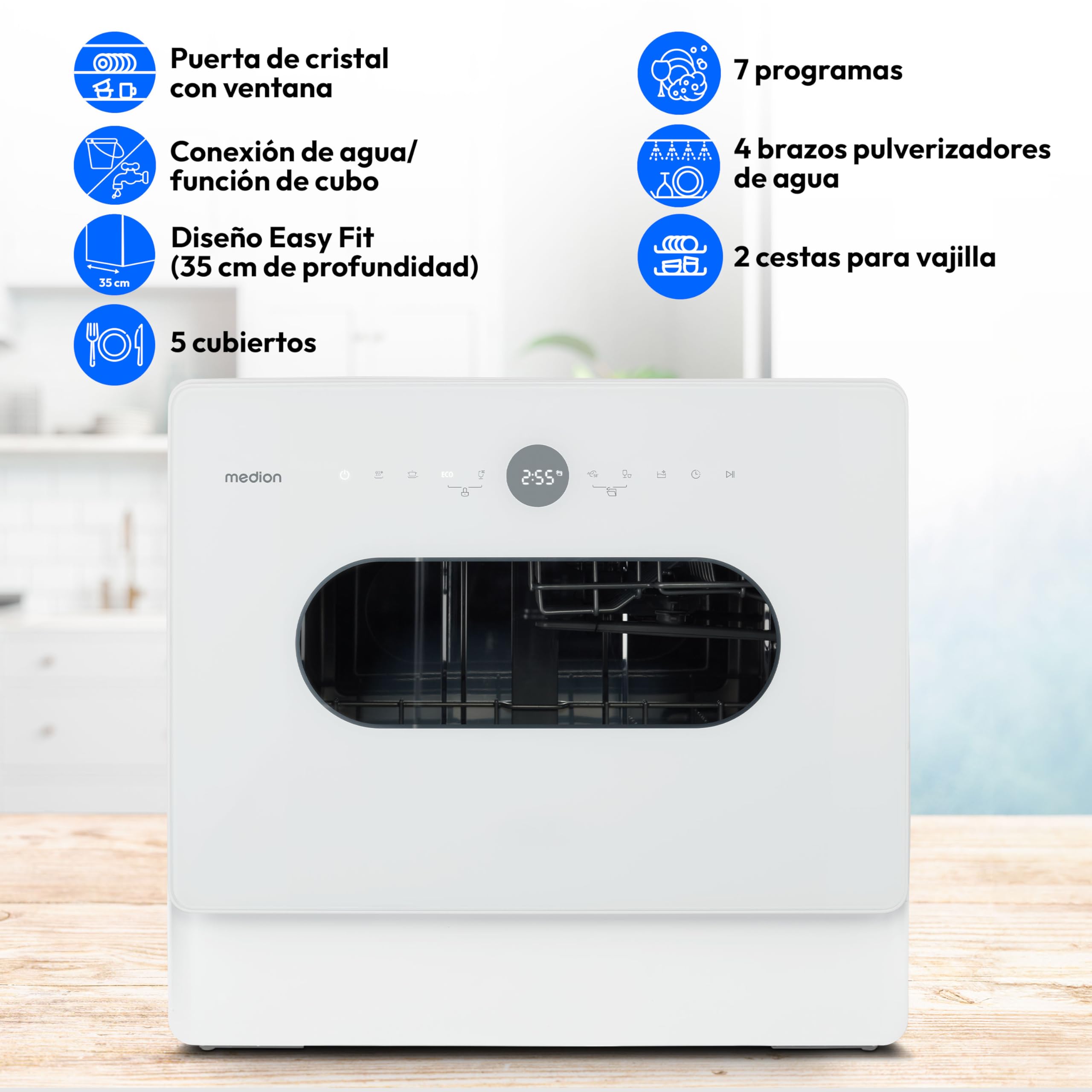 MEDION Mini Lavavajillas DWT51 (Lavavajillas de sobremesa con panel de control táctil, función cubo, 5 cubiertos, funciona con/sin toma de agua, 7 programas de limpieza